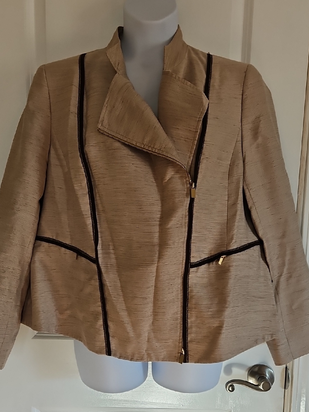 Jones New York Tan Jacket with Black Trim
